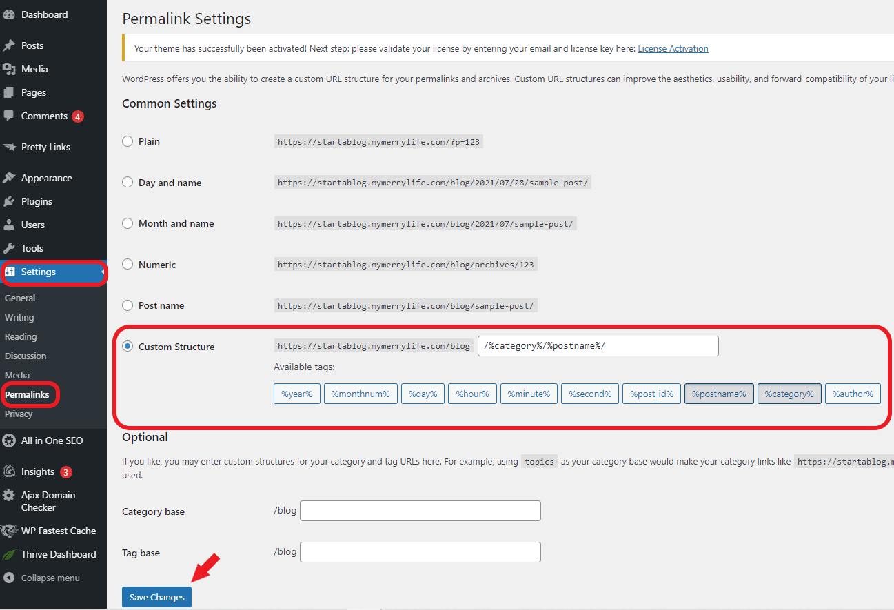 wordpress dashboard - permalink settings