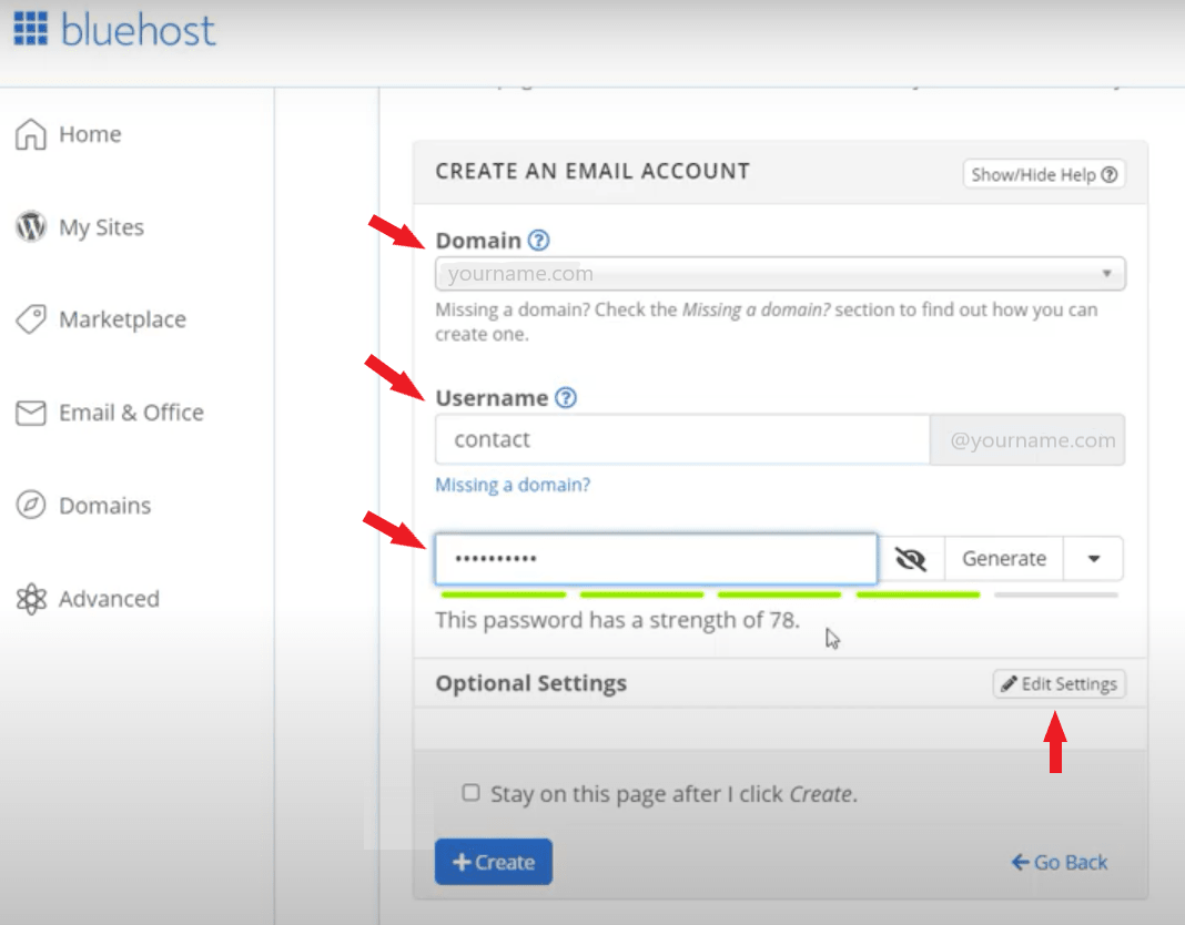 bluehost-create-email-account