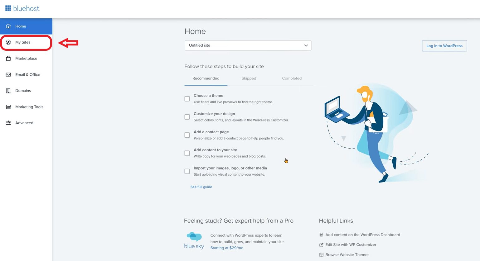 bluehost dashboard settings