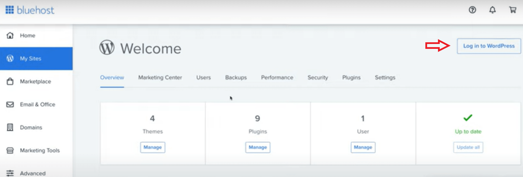 bluehost - log in to WordPress dashboard