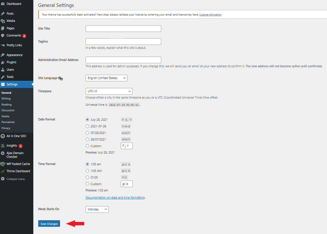 wordpress dashboard - settings - general