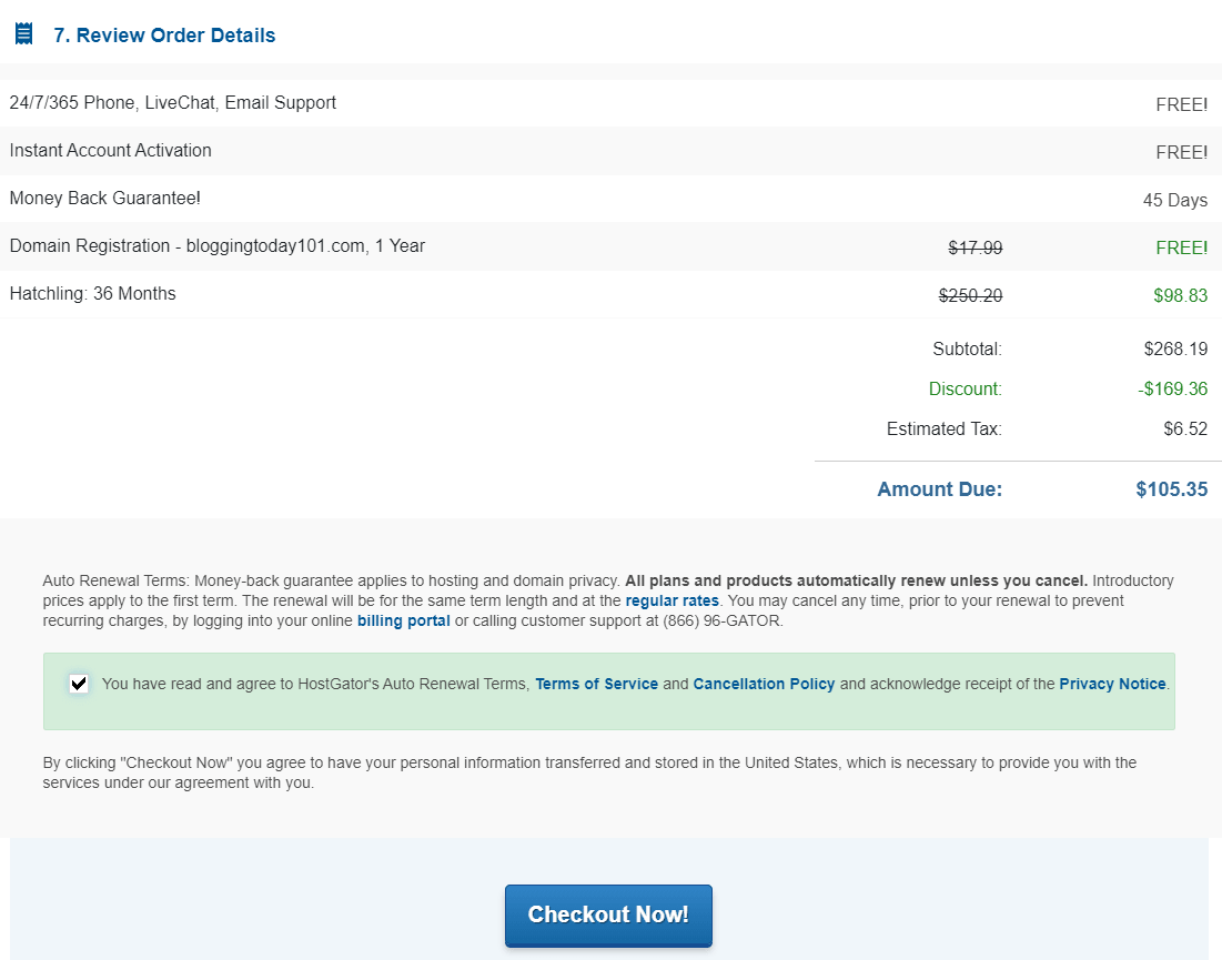 hostgator-review order details