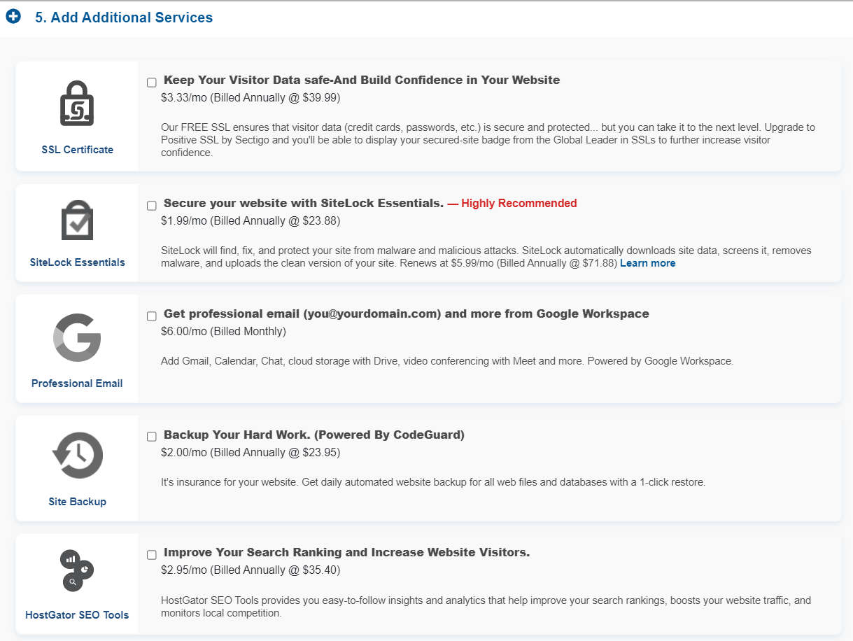 hostgator-add additional services